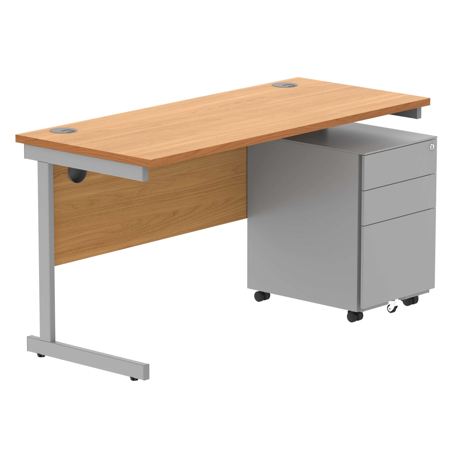 CORE Single Upright Rectangular Desk + Under Desk Steel Pedestal 3 Drawers (FSC) | 1400 X 600 | Norwegian Beech/Silver