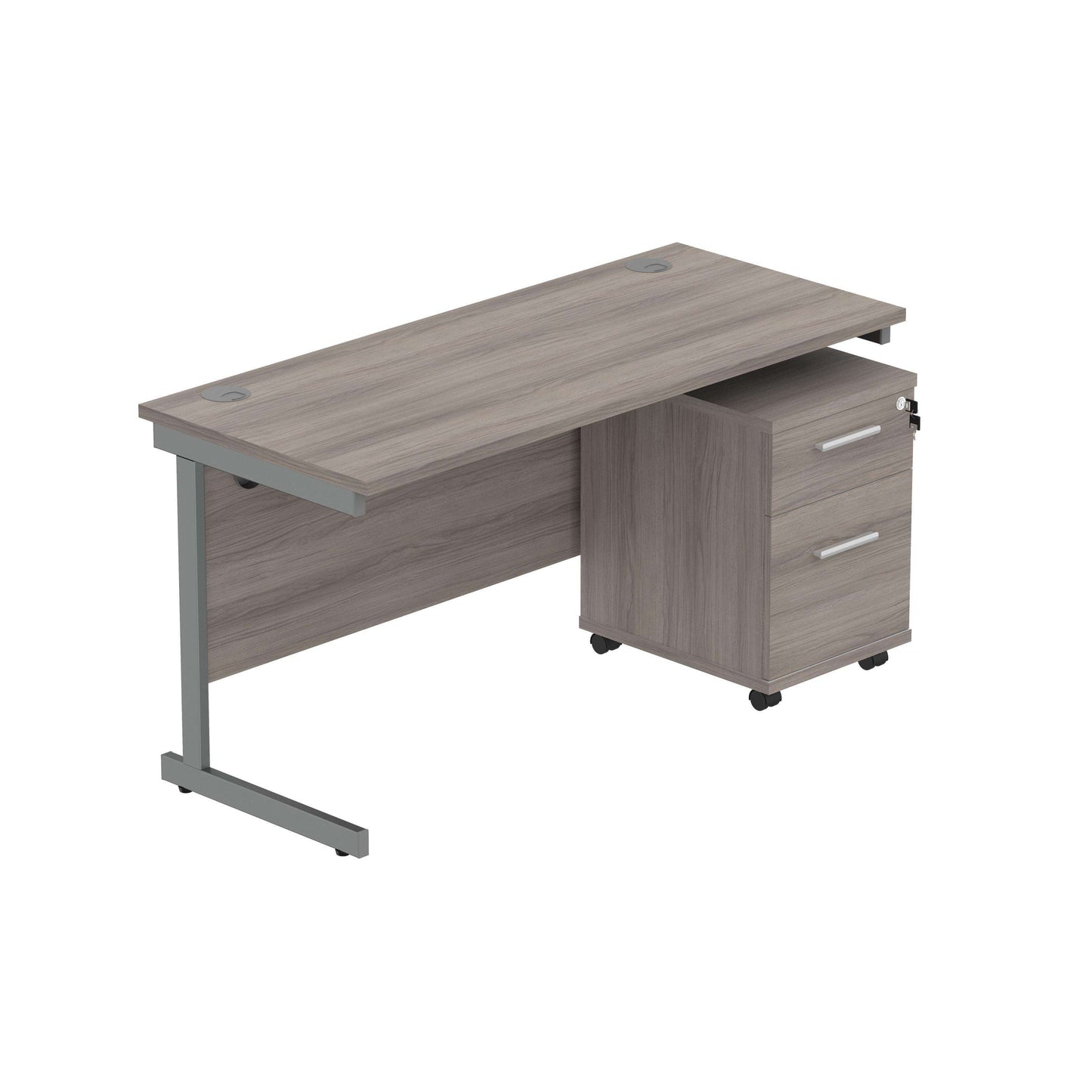 Single Upright Rectangular Desk + 2 Drawer Mobile Under Desk Pedestal (FSC) | 1400 X 600 | Alaskan Grey Oak/Graphite
