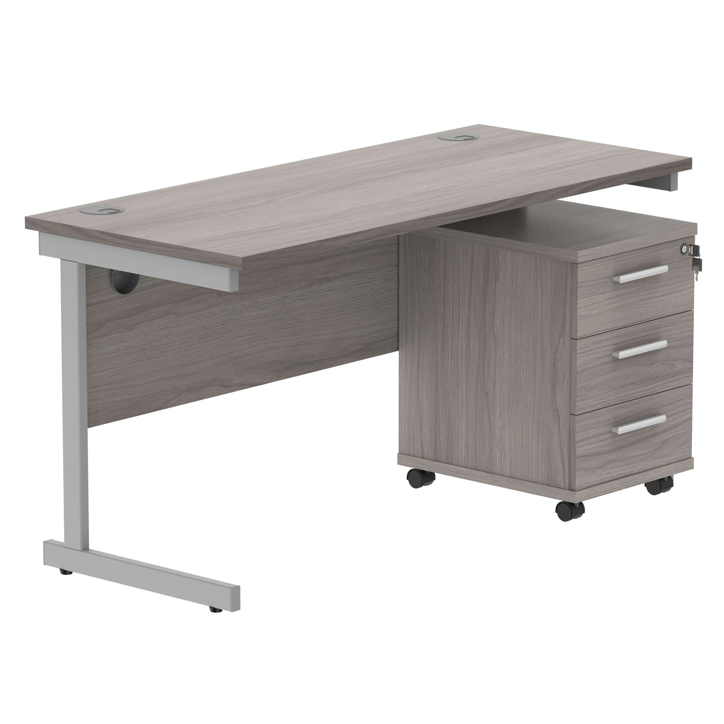 Single Upright Rectangular Desk + 3 Drawer Mobile Under Desk Pedestal (FSC) | 1400 X 600 | Alaskan Grey Oak/Silver