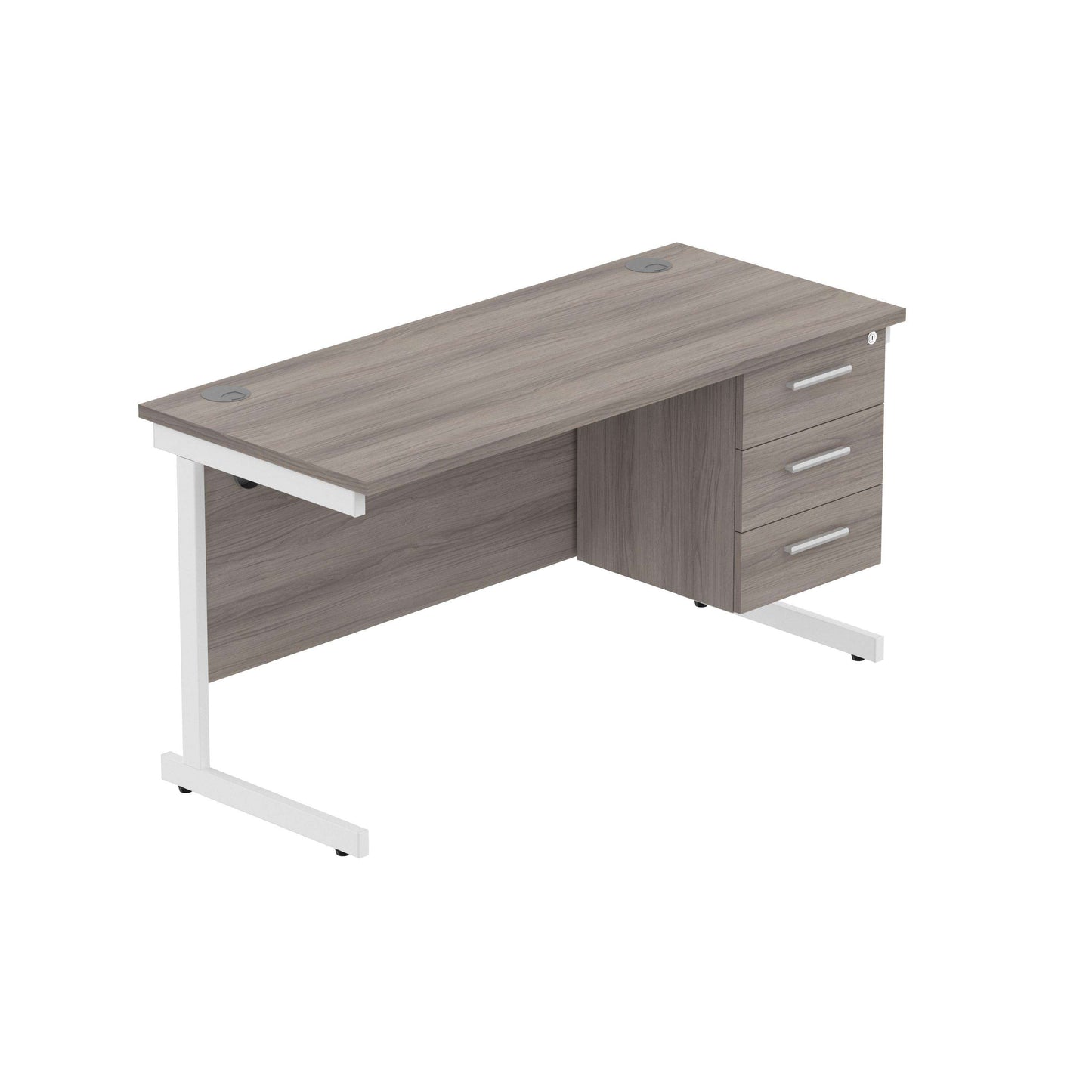 Office Rectangular Desk with Steel Single Upright Cantilever Legs + 3 Drawer Fixed Pedestal (FSC) | 1400X600 | Alaskan Grey Oak/White