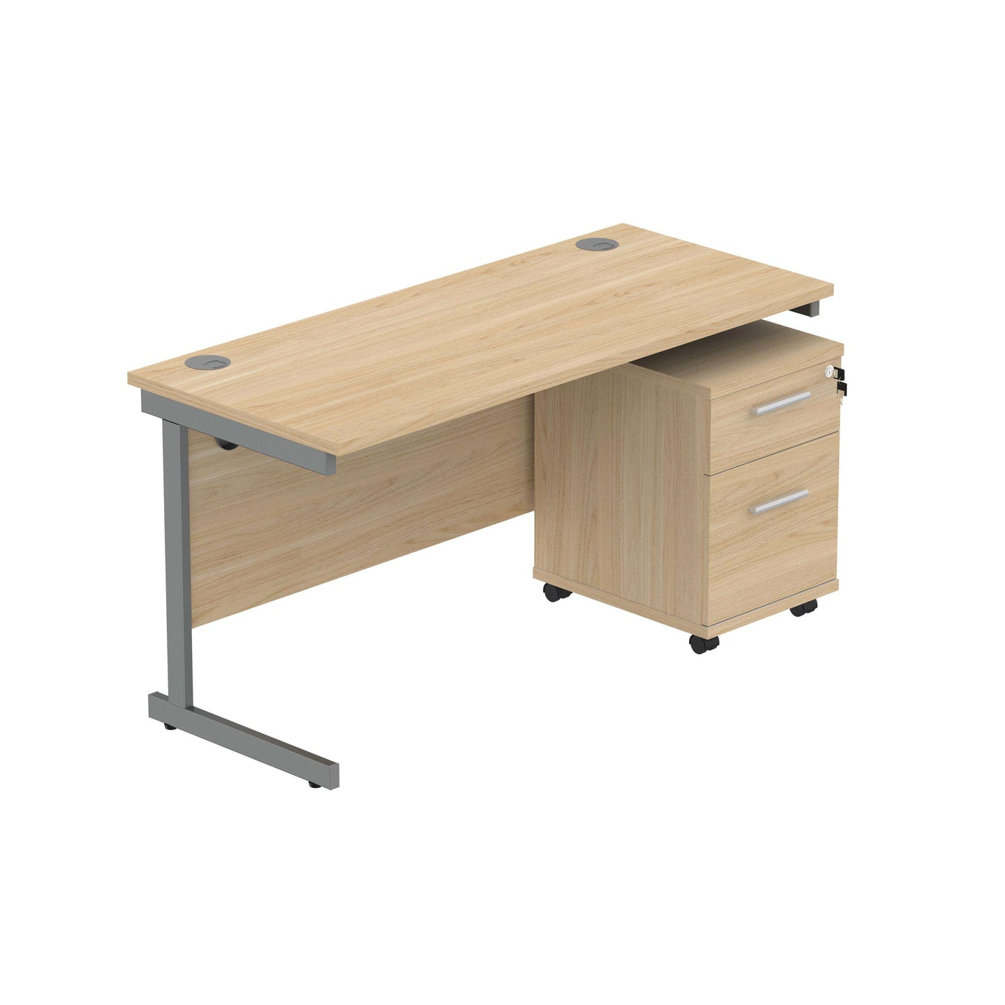 Single Upright Rectangular Desk + 2 Drawer Mobile Under Desk Pedestal (FSC) | 1400 X 600 | Canadian Oak/Graphite