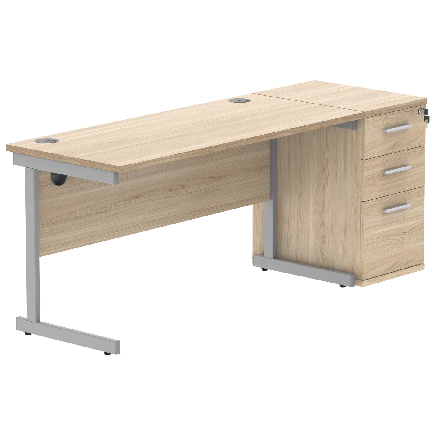Single Upright Rectangular Desk + Desk High Pedestal (FSC) | 1400 X 600 | Canadian Oak/Silver