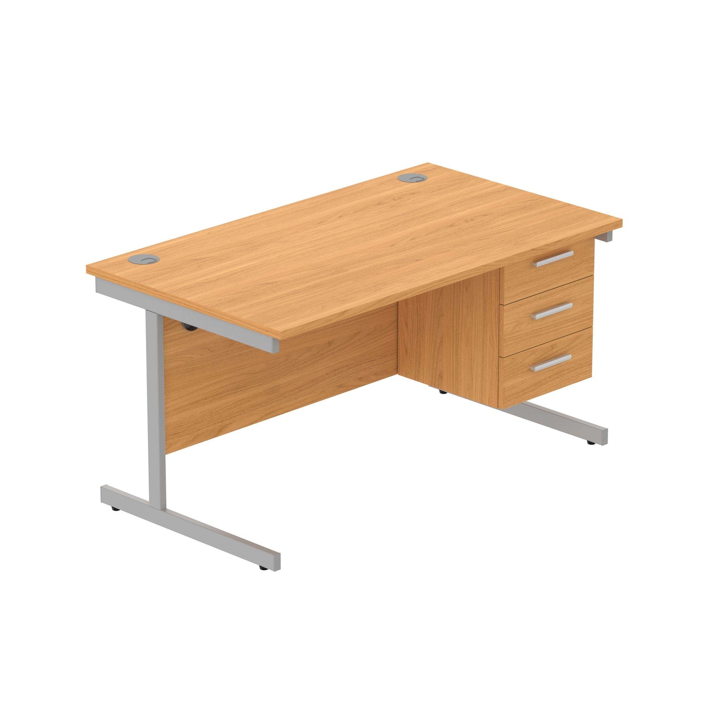 Office Rectangular Desk with Steel Single Upright Cantilever Legs + 3 Drawer Fixed Pedestal (FSC) | 1400X800 | Norwegian Beech/Silver