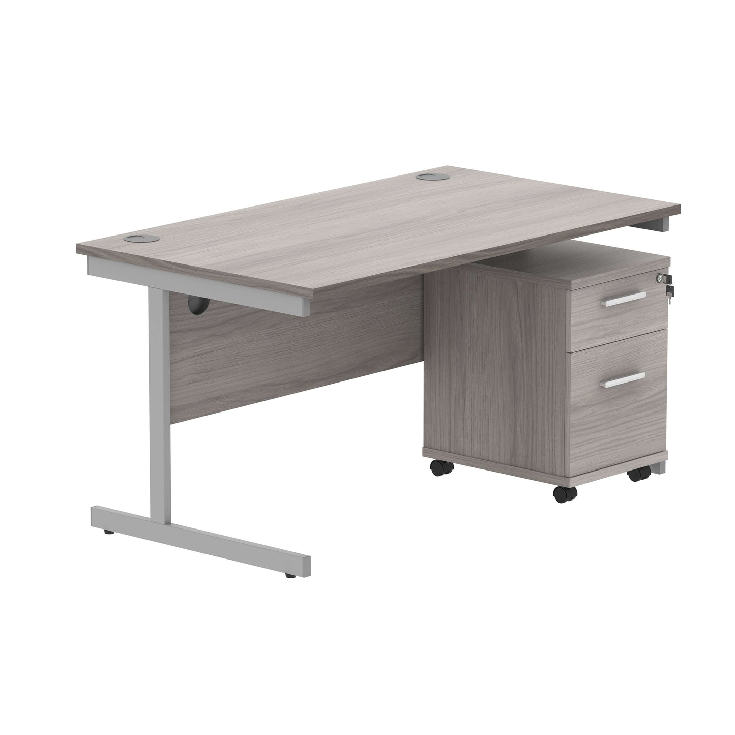 Single Upright Rectangular Desk + 2 Drawer Mobile Under Desk Pedestal (FSC) | 1400 X 800 | Alaskan Grey Oak/Silver