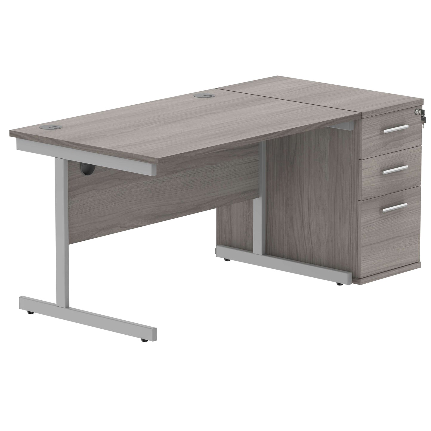 Single Upright Rectangular Desk + Desk High Pedestal (FSC) | 1400 X 800 | Alaskan Grey Oak/Silver
