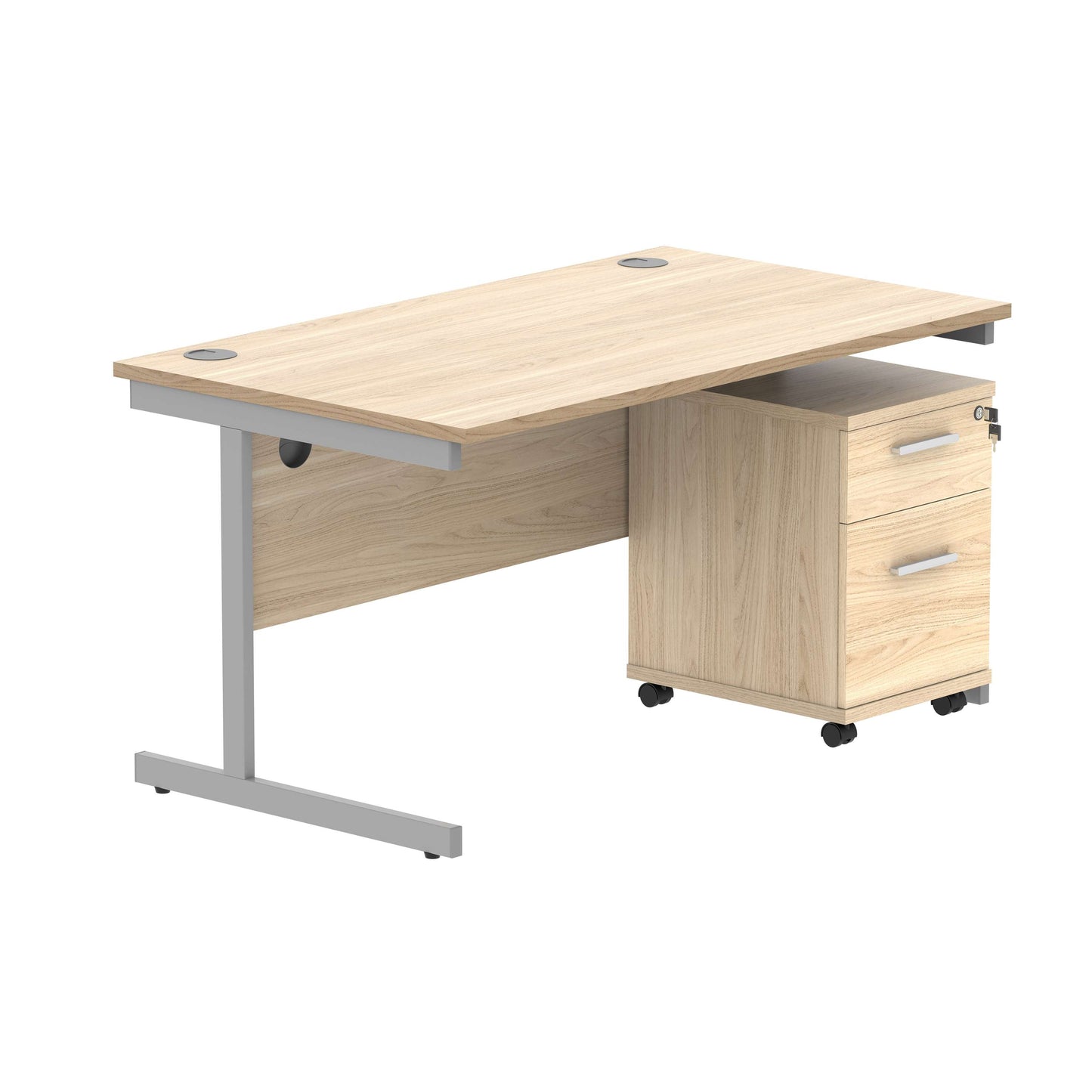 Single Upright Rectangular Desk + 2 Drawer Mobile Under Desk Pedestal (FSC) | 1400 X 800 | Canadian Oak/Silver