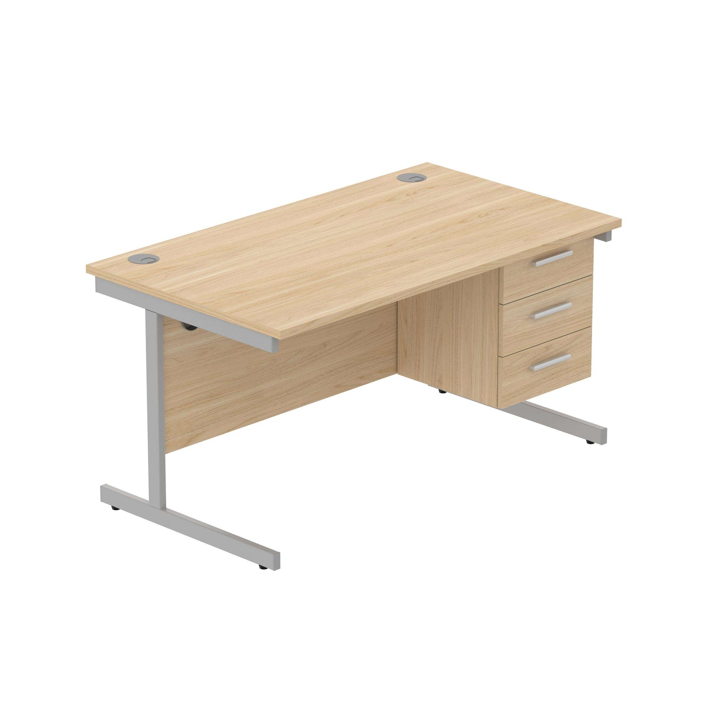 Office Rectangular Desk with Steel Single Upright Cantilever Legs + 3 Drawer Fixed Pedestal (FSC) | 1400X800 | Canadian Oak/Silver