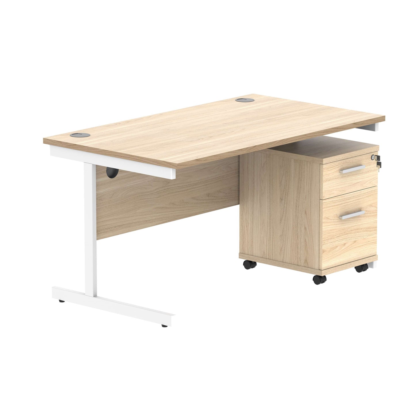 Single Upright Rectangular Desk + 2 Drawer Mobile Under Desk Pedestal (FSC) | 1400 X 800 | Canadian Oak/White