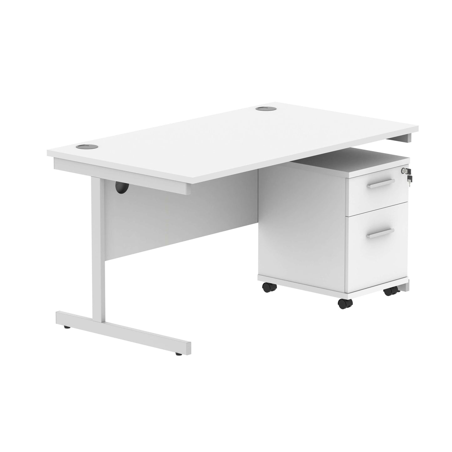 Single Upright Rectangular Desk + 2 Drawer Mobile Under Desk Pedestal (FSC) | 1400 X 800 | Arctic White/Silver