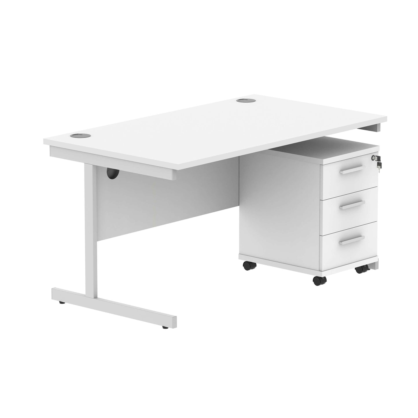 Single Upright Rectangular Desk + 3 Drawer Mobile Under Desk Pedestal (FSC) | 1400 X 800 | Arctic White/Silver