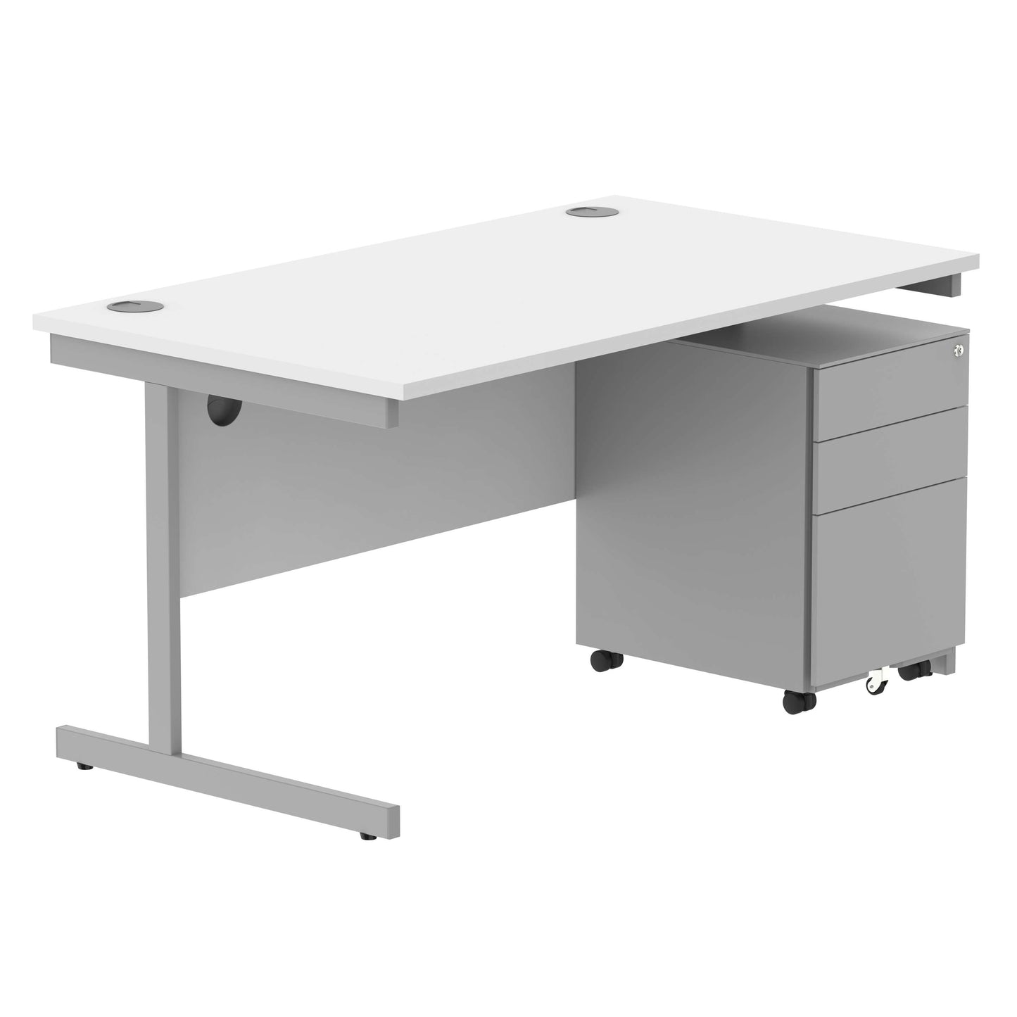 CORE Single Upright Rectangular Desk + Under Desk Steel Pedestal 3 Drawers (FSC) | 1400 X 800 | Arctic White/Silver
