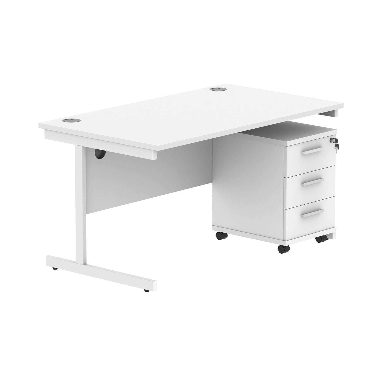 Single Upright Rectangular Desk + 3 Drawer Mobile Under Desk Pedestal (FSC) | 1400 X 800 | Arctic White/White