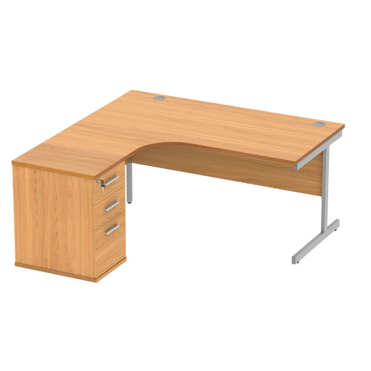 Single Upright Left Hand Radial Desk + Desk High Pedestal (FSC) | 600mm Deep Pedestal | 1600 X 1200 | Norwegian Beech/Silver