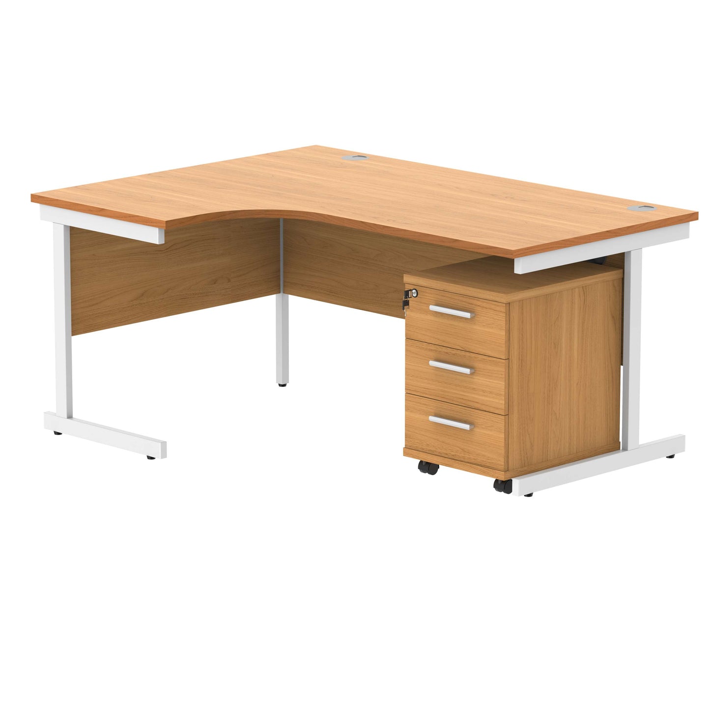 Single Upright Left Hand Radial Desk + 3 Drawer Mobile Under Desk Pedestal (FSC) | 1600 X 1200 | Norwegian Beech/White