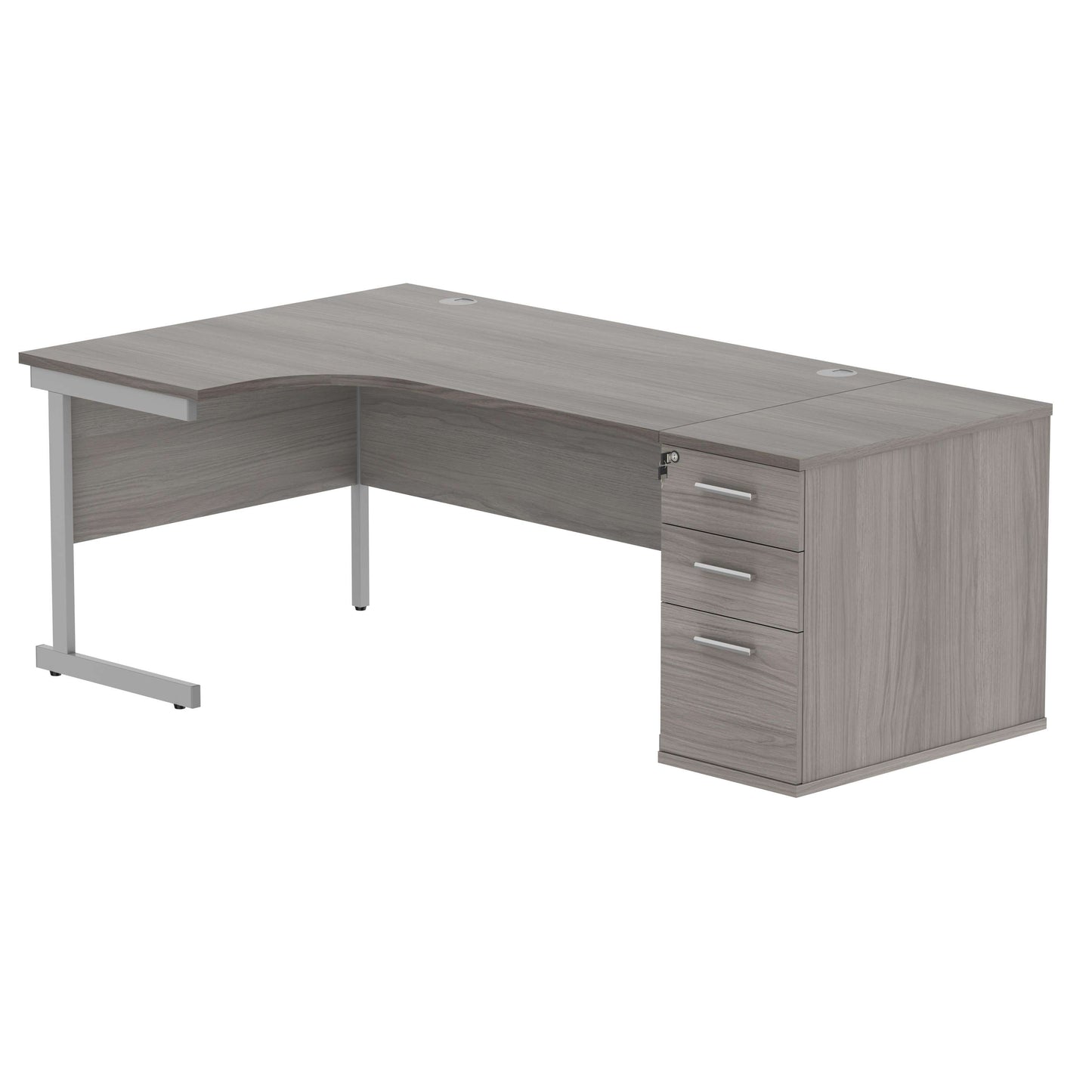 Single Upright Left Hand Radial Desk + Desk High Pedestal (FSC) | 800mm Deep Pedestal | 1600 X 1200 | Alaskan Grey Oak/Silver
