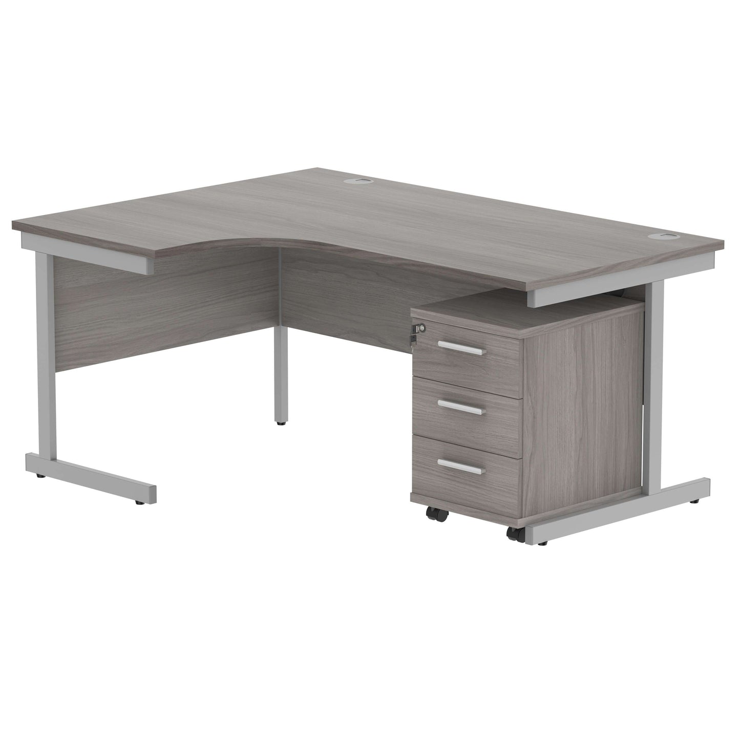Single Upright Left Hand Radial Desk + 3 Drawer Mobile Under Desk Pedestal (FSC) | 1600 X 1200 | Alaskan Grey Oak/Silver