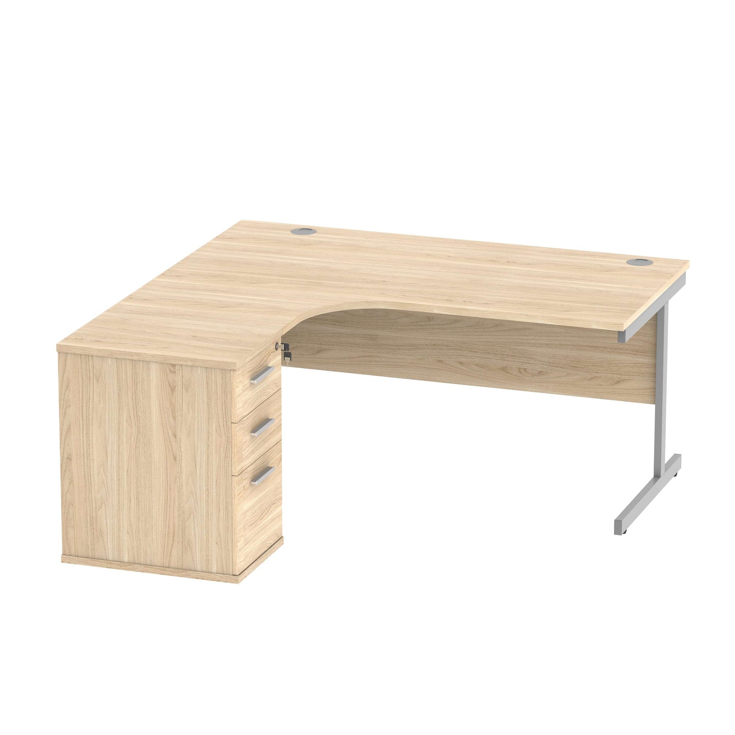 Single Upright Left Hand Radial Desk + Desk High Pedestal (FSC) | 600mm Deep Pedestal | 1600 X 1200 | Canadian Oak/Silver