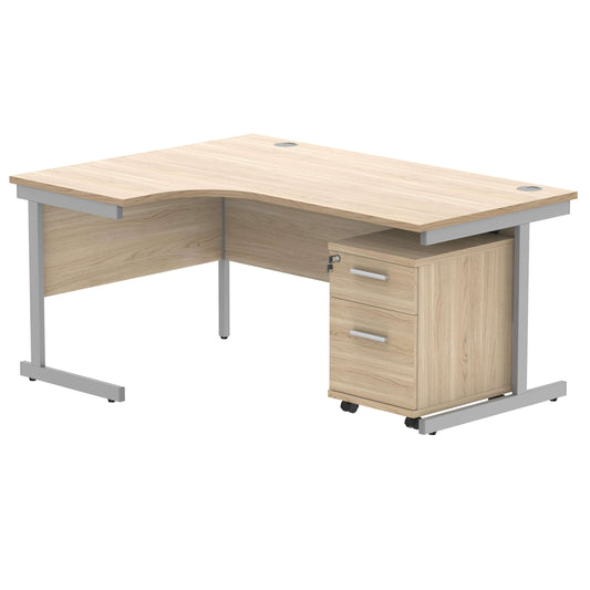 Single Upright Left Hand Radial Desk + 2 Drawer Mobile Under Desk Pedestal (FSC) | 1600 X 1200 | Canadian Oak/Silver