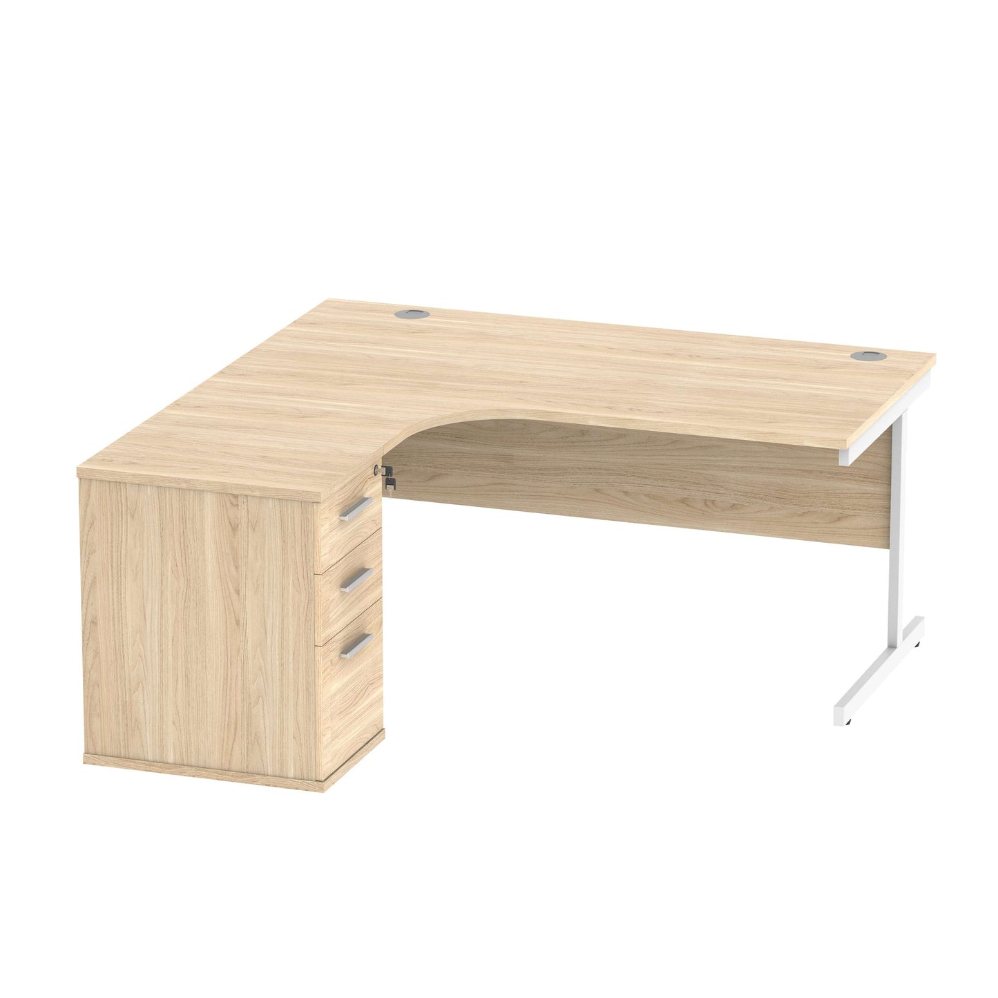 Single Upright Left Hand Radial Desk + Desk High Pedestal (FSC) | 600mm Deep Pedestal | 1600 X 1200 | Canadian Oak/White