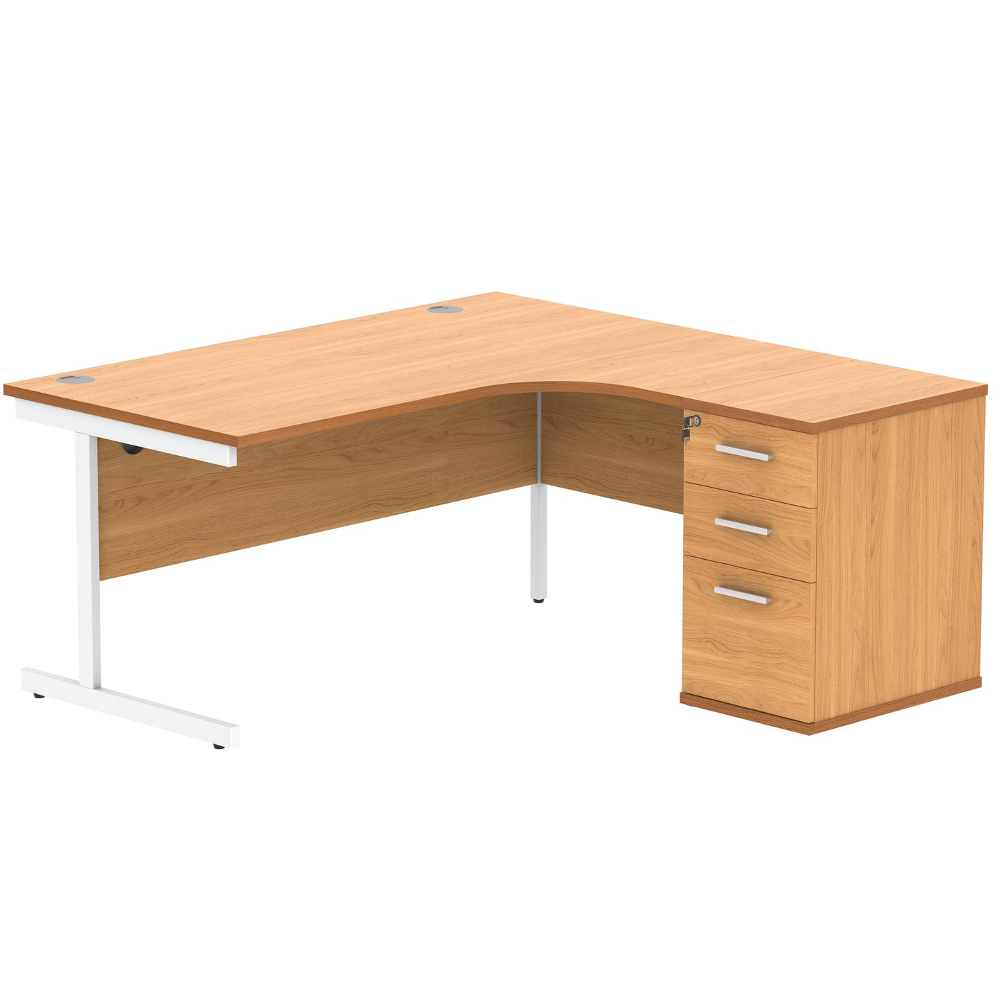Single Upright Right Hand Radial Desk + Desk High Pedestal (FSC) | 600mm Deep Pedestal | 1600 X 1200 | Norwegian Beech/White