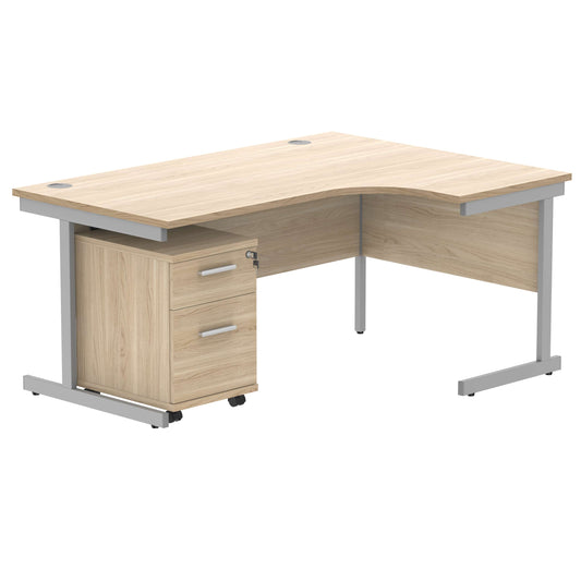 Single Upright Right Hand Radial Desk + 2 Drawer Mobile Under Desk Pedestal (FSC) | 1600 X 1200 | Canadian Oak/Silver