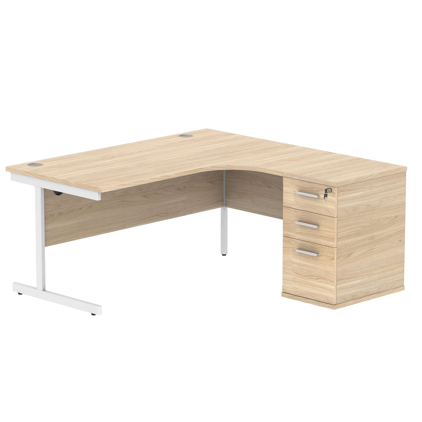 Single Upright Right Hand Radial Desk + Desk High Pedestal (FSC) | 600mm Deep Pedestal | 1600 X 1200 | Canadian Oak/White