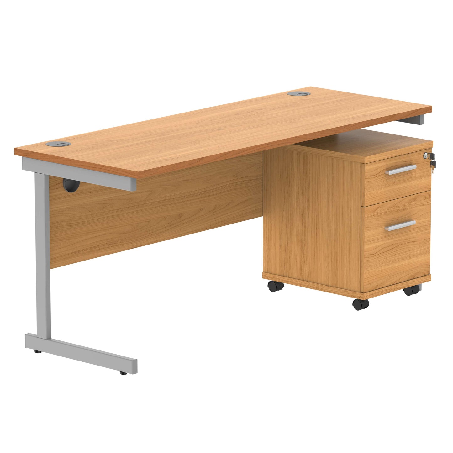 Single Upright Rectangular Desk + 2 Drawer Mobile Under Desk Pedestal (FSC) | 1600 X 600 | Norwegian Beech/Silver