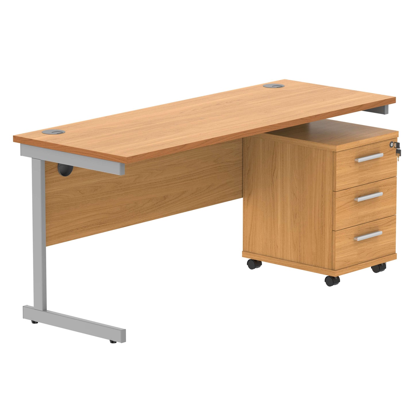 Single Upright Rectangular Desk + 3 Drawer Mobile Under Desk Pedestal (FSC) | 1600 X 600 | Norwegian Beech/Silver