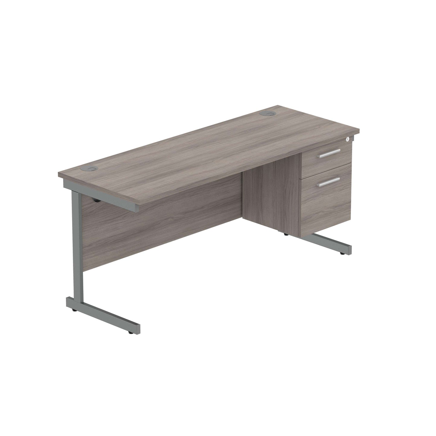 Office Rectangular Desk with Steel Single Upright Cantilever Legs + 2 Drawer Fixed Pedestal (FSC) | 1600X600 | Alaskan Grey Oak/Graphite