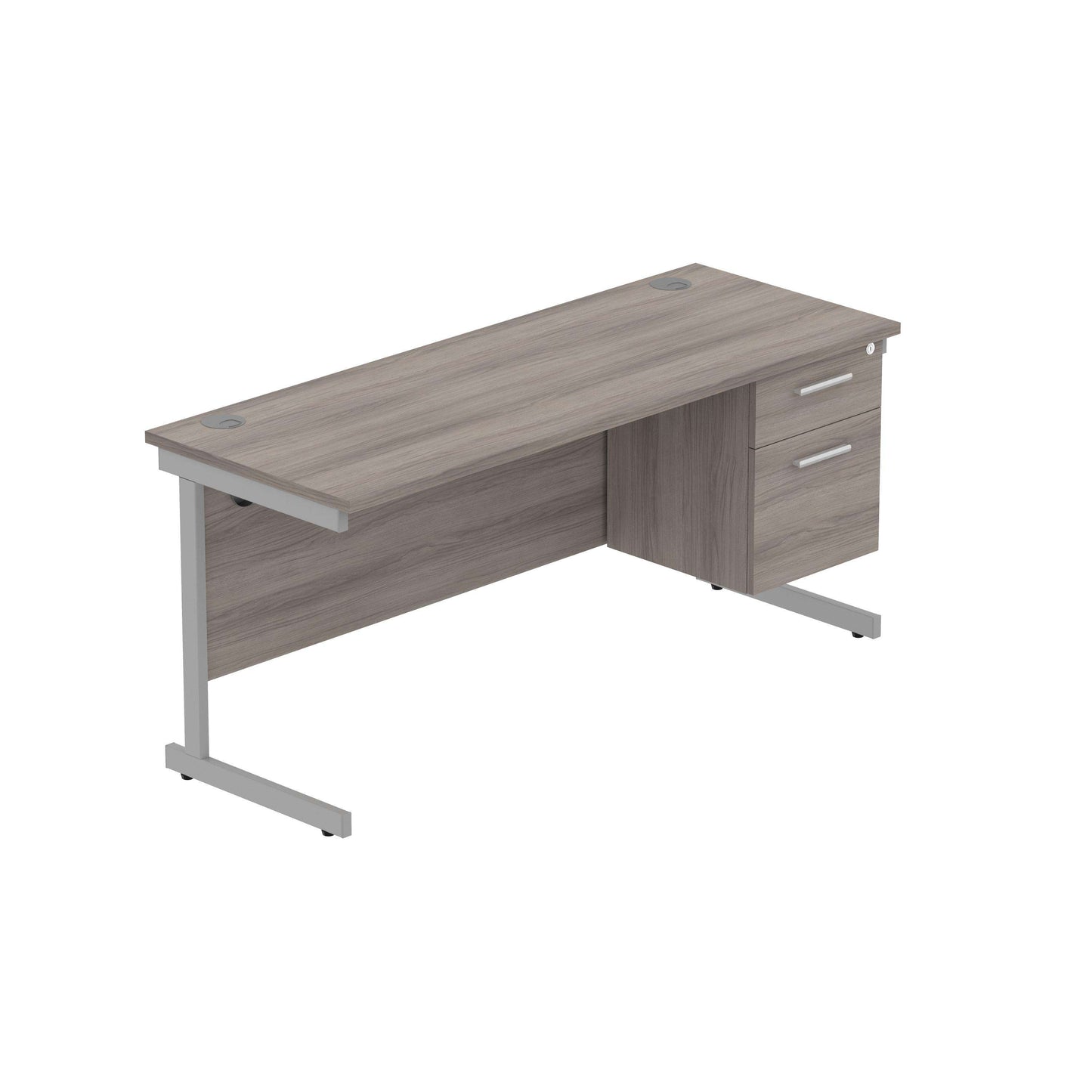 Office Rectangular Desk with Steel Single Upright Cantilever Legs + 2 Drawer Fixed Pedestal (FSC) | 1600X600 | Alaskan Grey Oak/Silver