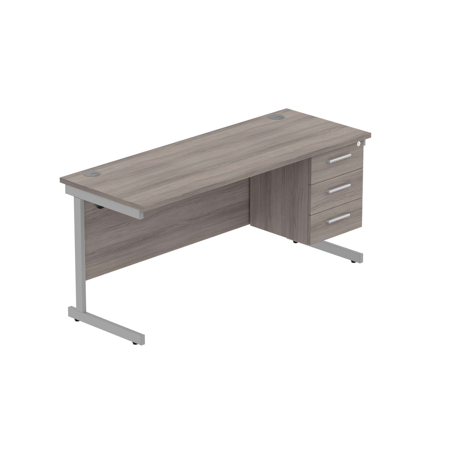 Office Rectangular Desk with Steel Single Upright Cantilever Legs + 3 Drawer Fixed Pedestal (FSC) | 1600X600 | Alaskan Grey Oak/Silver