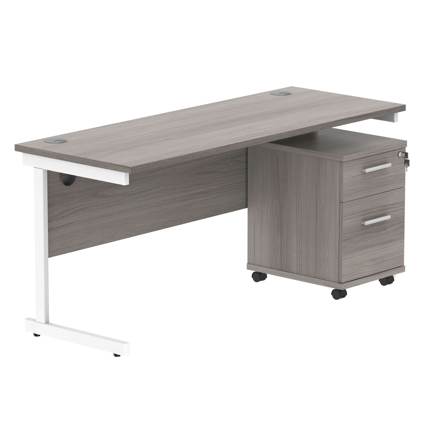 Single Upright Rectangular Desk + 2 Drawer Mobile Under Desk Pedestal (FSC) | 1600 X 600 | Alaskan Grey Oak/White
