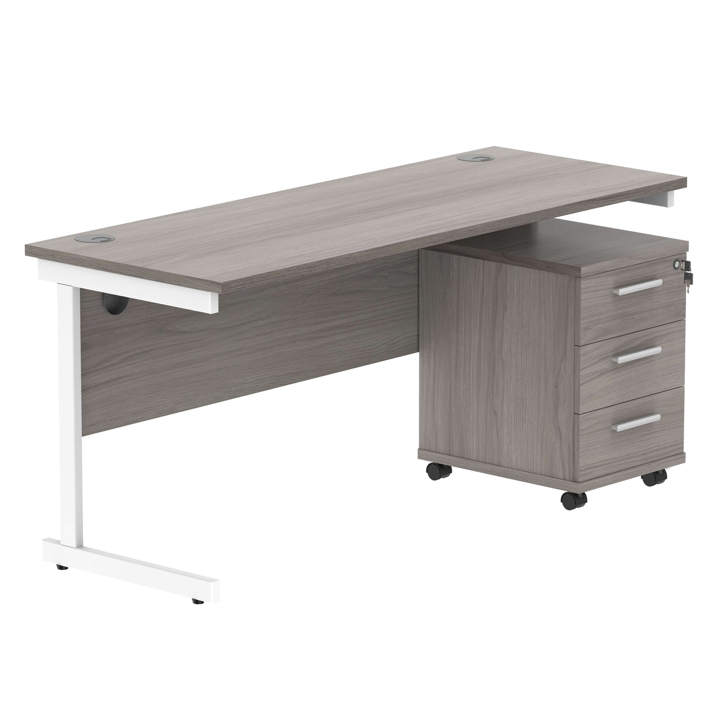Single Upright Rectangular Desk + 3 Drawer Mobile Under Desk Pedestal (FSC) | 1600 X 600 | Alaskan Grey Oak/White
