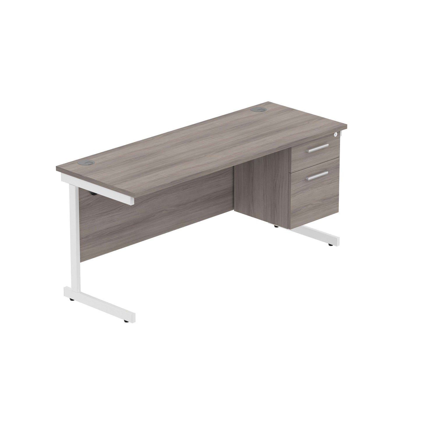 Office Rectangular Desk with Steel Single Upright Cantilever Legs + 2 Drawer Fixed Pedestal (FSC) | 1600X600 | Alaskan Grey Oak/White
