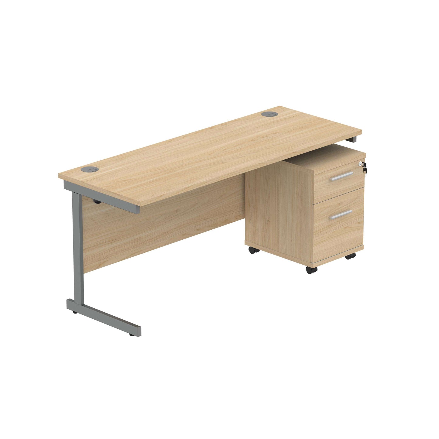 Single Upright Rectangular Desk + 2 Drawer Mobile Under Desk Pedestal (FSC) | 1600 X 600 | Canadian Oak/Graphite