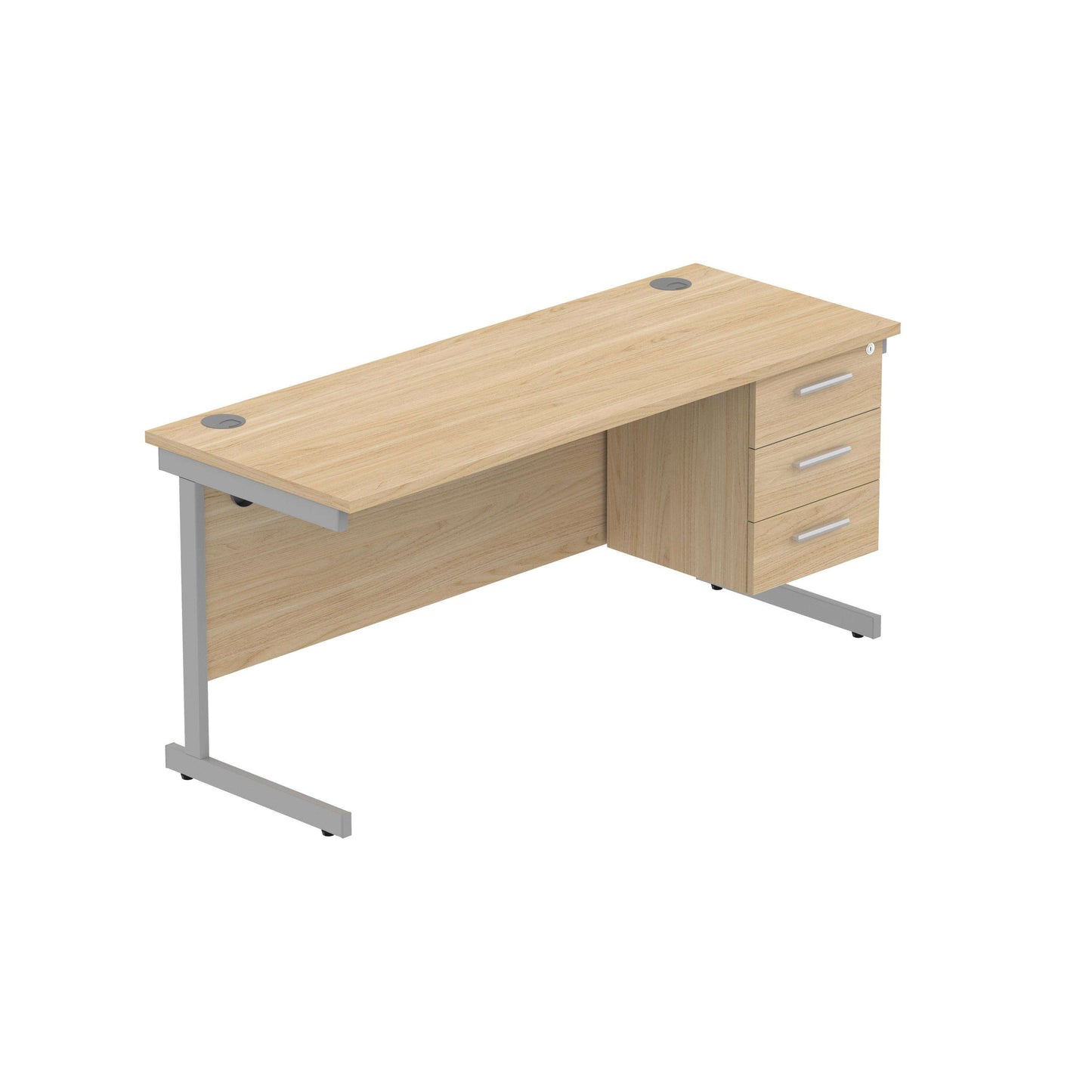 Office Rectangular Desk with Steel Single Upright Cantilever Legs + 3 Drawer Fixed Pedestal (FSC) | 1600X600 | Canadian Oak/Silver