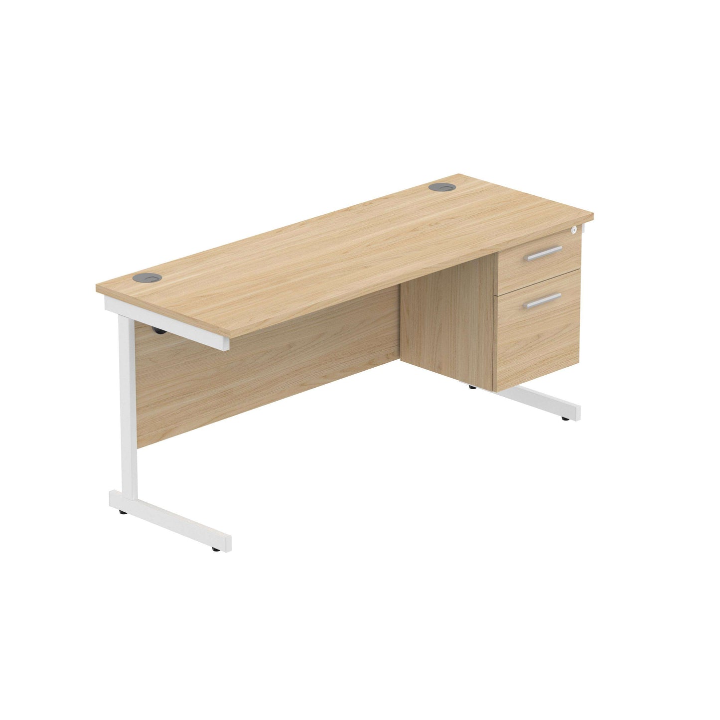 Office Rectangular Desk with Steel Single Upright Cantilever Legs + 2 Drawer Fixed Pedestal (FSC) | 1600X600 | Canadian Oak/White