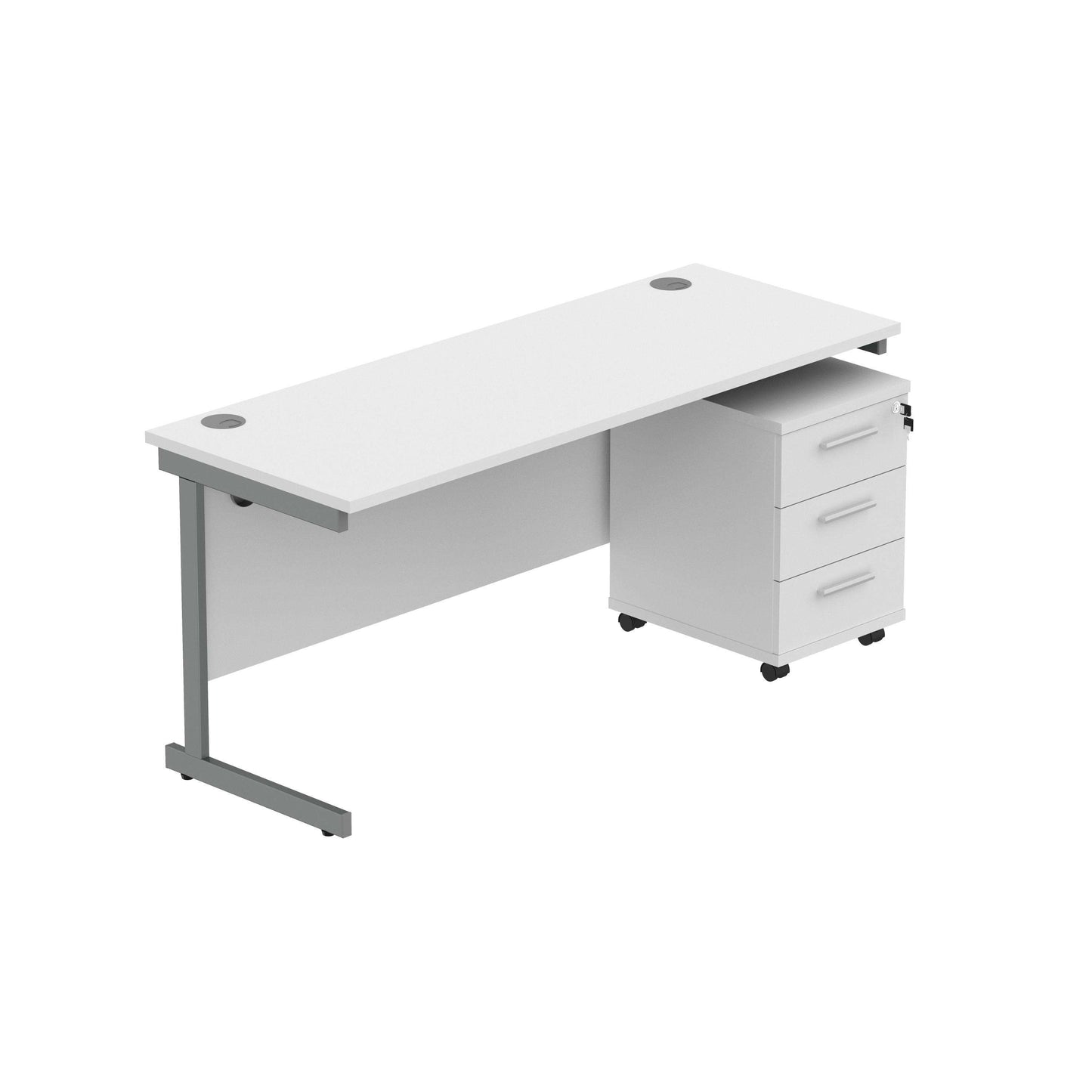 Single Upright Rectangular Desk + 3 Drawer Mobile Under Desk Pedestal (FSC) | 1600 X 600 | Arctic White/Graphite
