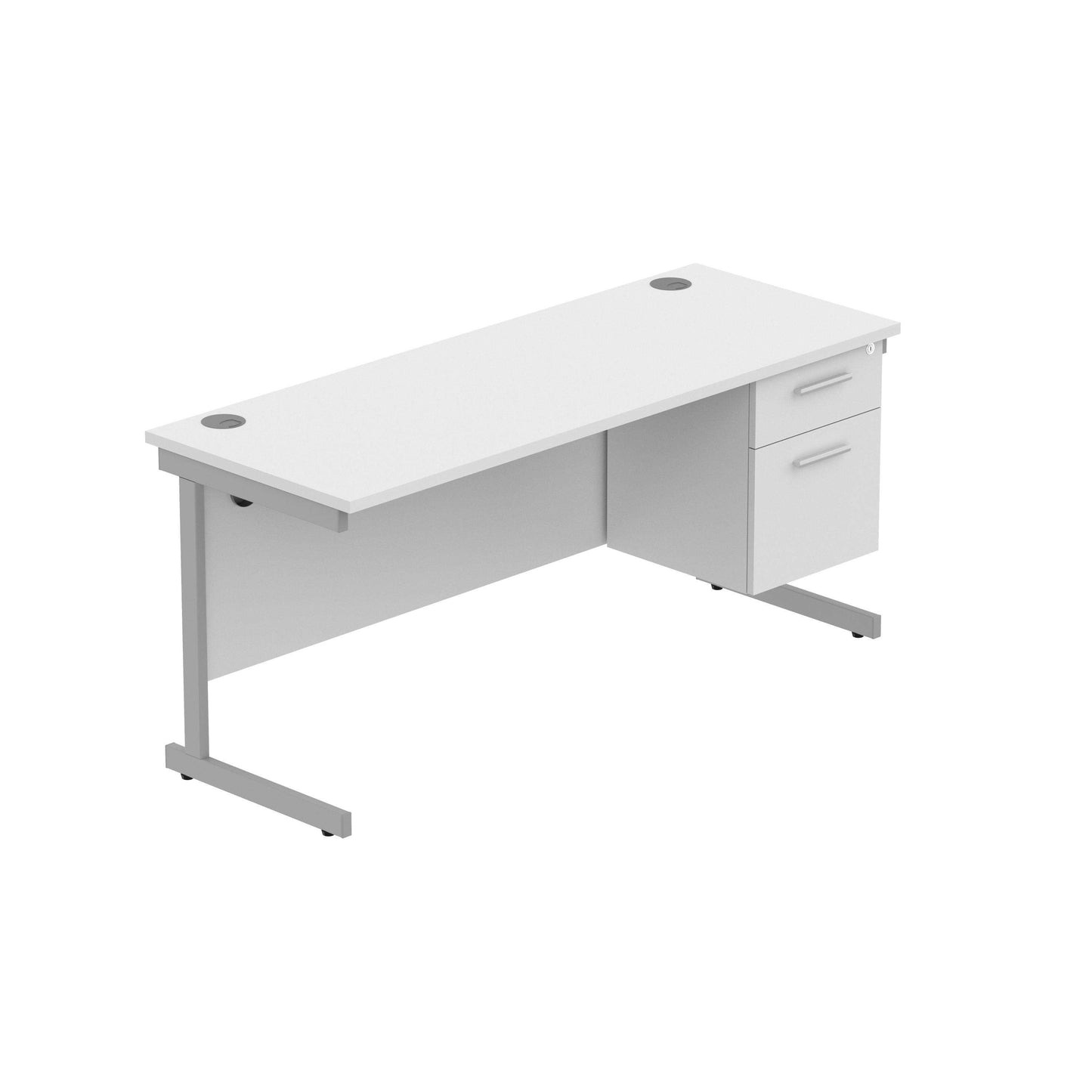 Office Rectangular Desk with Steel Single Upright Cantilever Legs + 2 Drawer Fixed Pedestal (FSC) | 1600X600 | Arctic White/Silver
