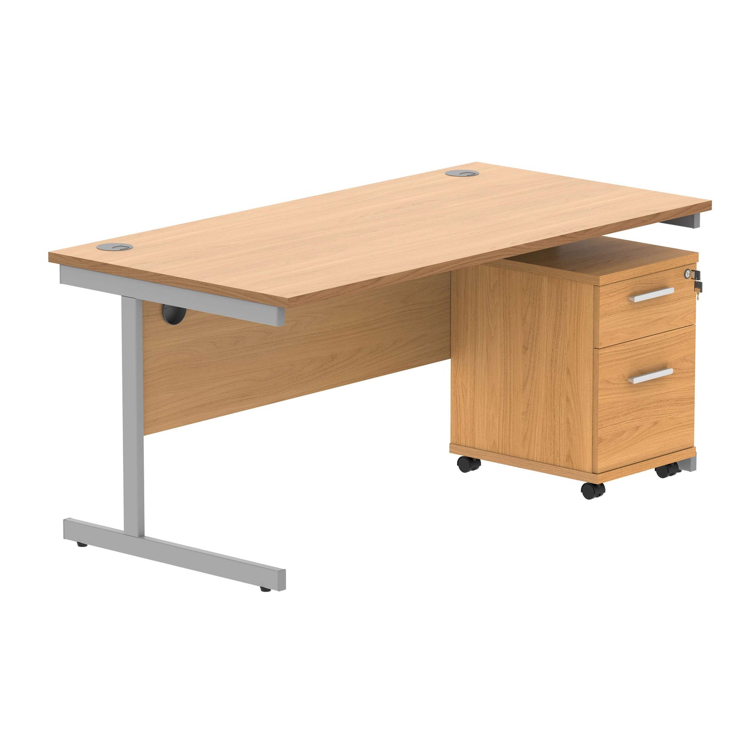 Single Upright Rectangular Desk + 2 Drawer Mobile Under Desk Pedestal (FSC) | 1600 X 800 | Norwegian Beech/Silver