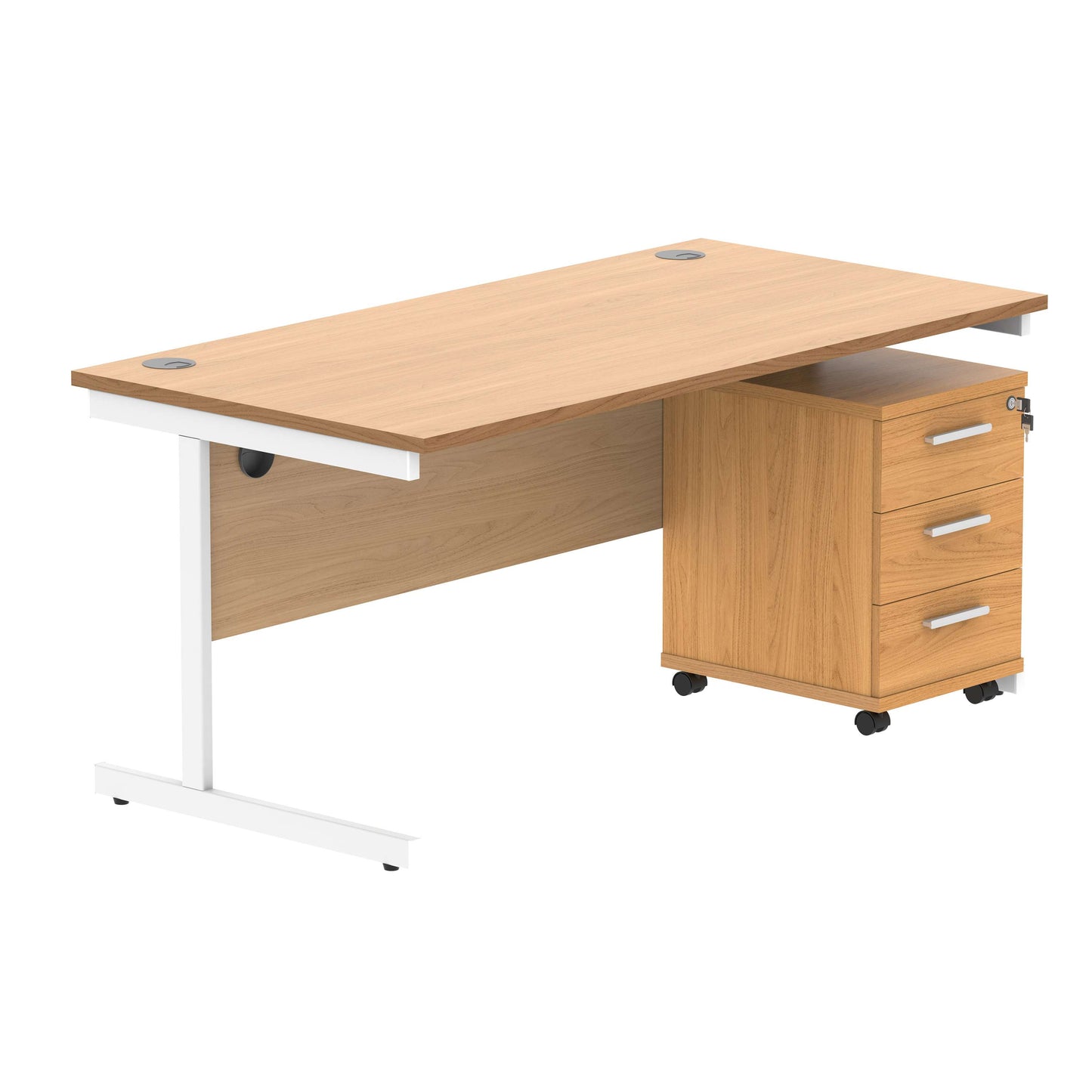 Single Upright Rectangular Desk + 3 Drawer Mobile Under Desk Pedestal (FSC) | 1600 X 800 | Norwegian Beech/White