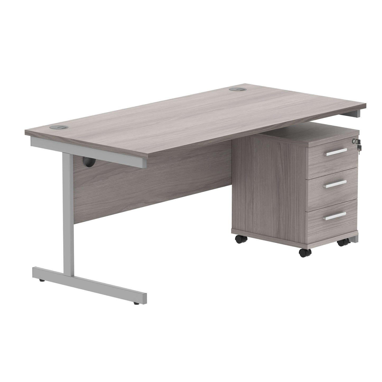 Single Upright Rectangular Desk + 3 Drawer Mobile Under Desk Pedestal (FSC) | 1600 X 800 | Alaskan Grey Oak/Silver