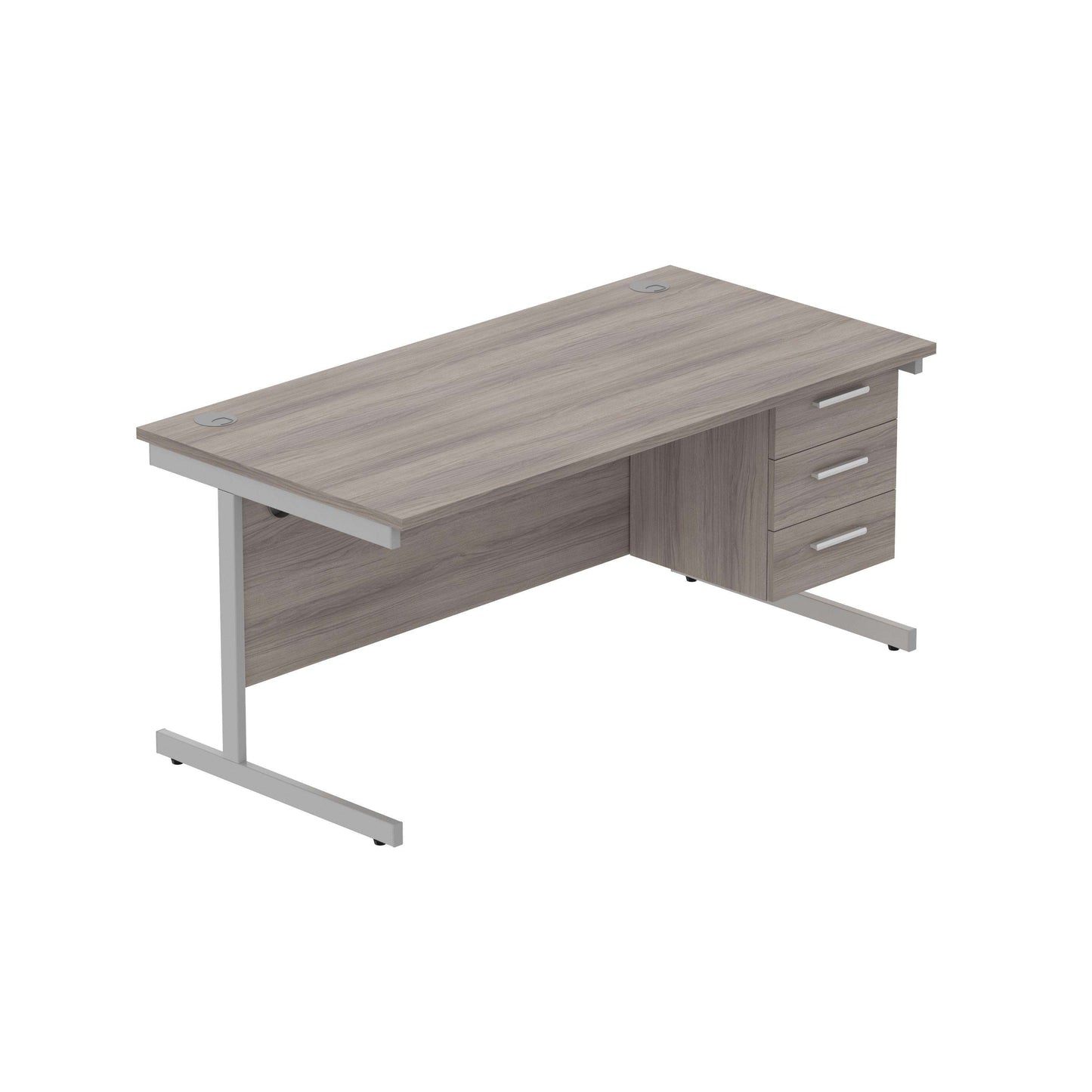 Office Rectangular Desk with Steel Single Upright Cantilever Legs + 3 Drawer Fixed Pedestal (FSC) | 1600X800 | Alaskan Grey Oak/Silver