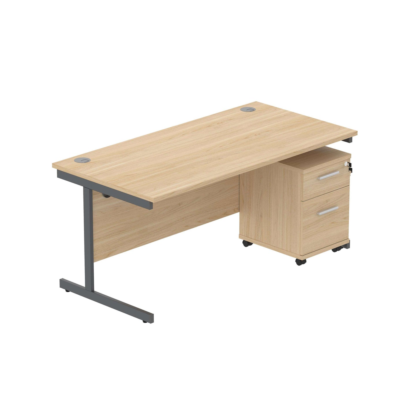 Single Upright Rectangular Desk + 2 Drawer Mobile Under Desk Pedestal (FSC) | 1600 X 800 | Canadian Oak/Graphite
