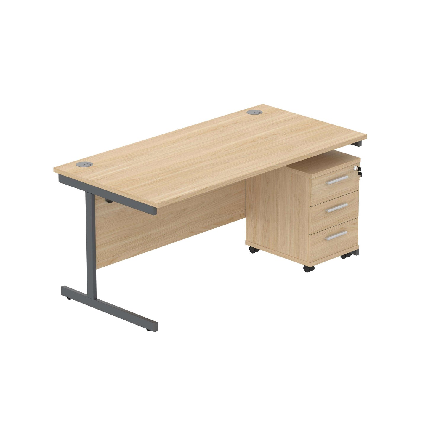 Single Upright Rectangular Desk + 3 Drawer Mobile Under Desk Pedestal (FSC) | 1600 X 800 | Canadian Oak/Graphite