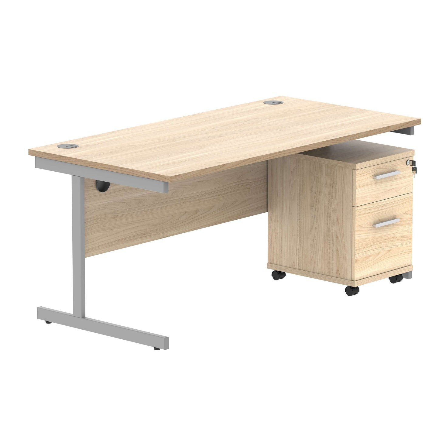 Single Upright Rectangular Desk + 2 Drawer Mobile Under Desk Pedestal (FSC) | 1600 X 800 | Canadian Oak/Silver
