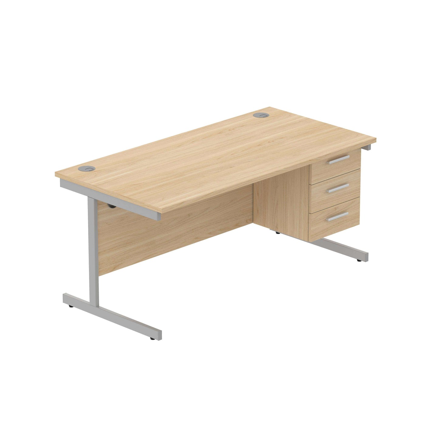 Office Rectangular Desk with Steel Single Upright Cantilever Legs + 3 Drawer Fixed Pedestal (FSC) | 1600X800 | Canadian Oak/Silver