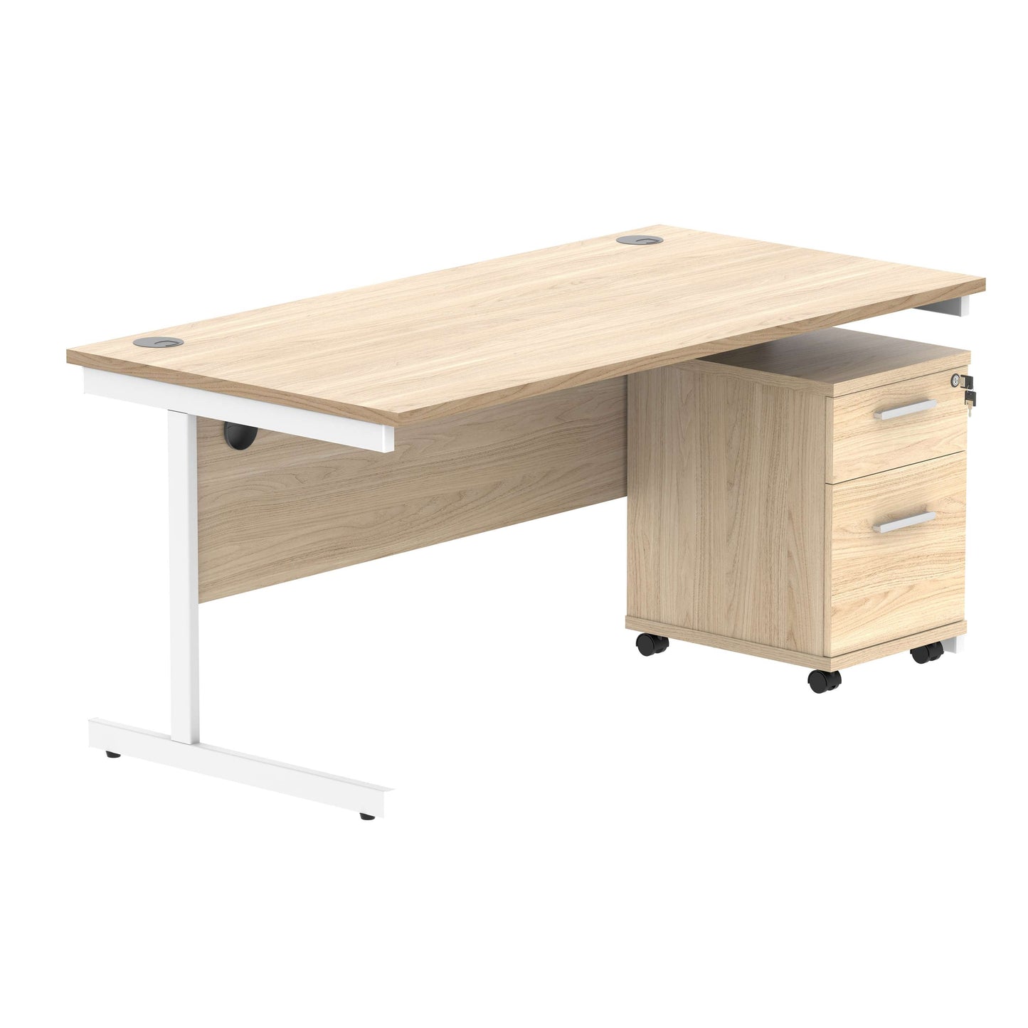 Single Upright Rectangular Desk + 2 Drawer Mobile Under Desk Pedestal (FSC) | 1600 X 800 | Canadian Oak/White