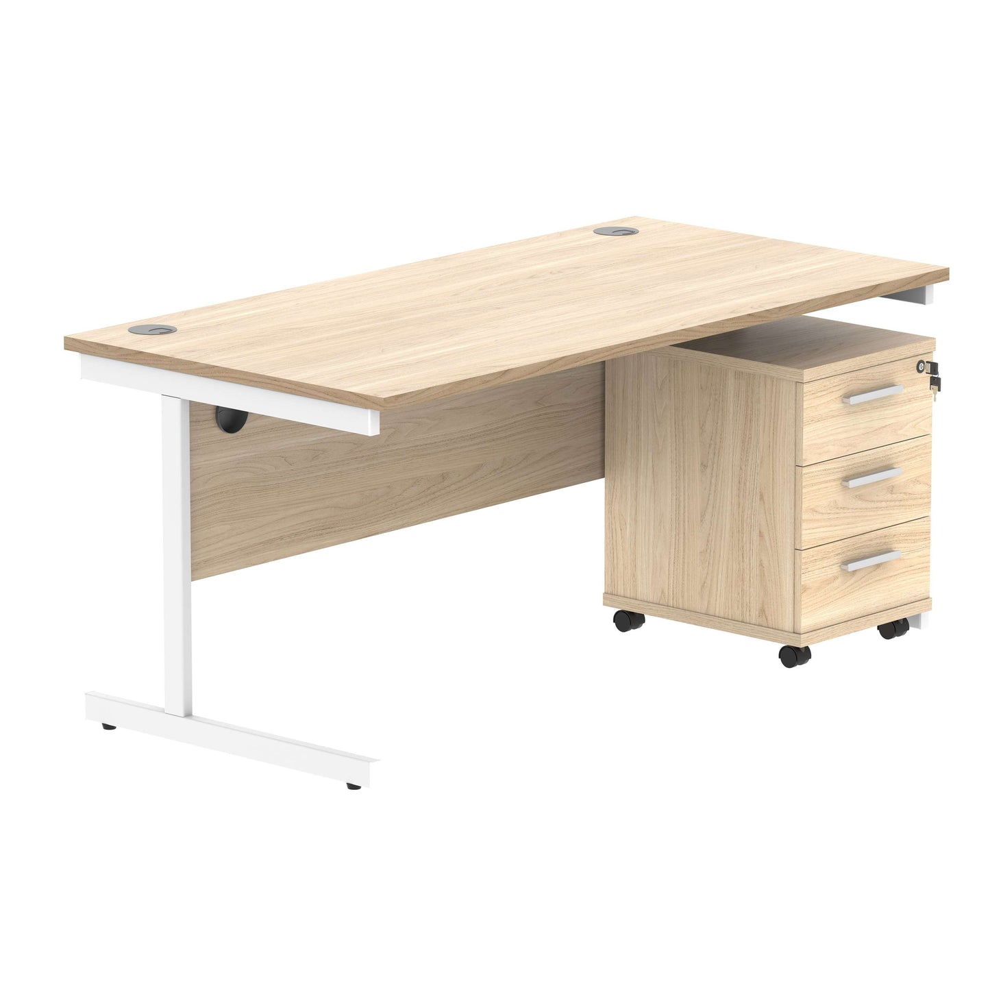 Single Upright Rectangular Desk + 3 Drawer Mobile Under Desk Pedestal (FSC) | 1600 X 800 | Canadian Oak/White