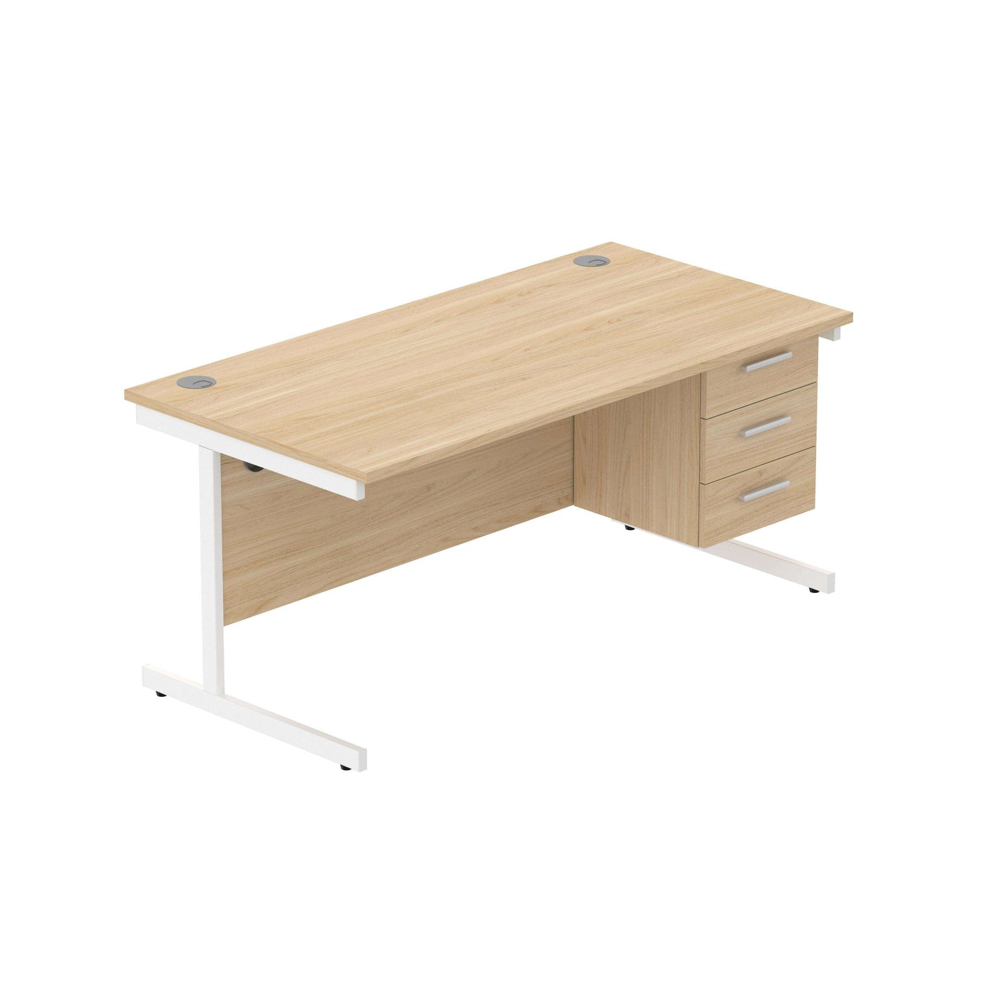 Office Rectangular Desk with Steel Single Upright Cantilever Legs + 3 Drawer Fixed Pedestal (FSC) | 1600X800 | Canadian Oak/White